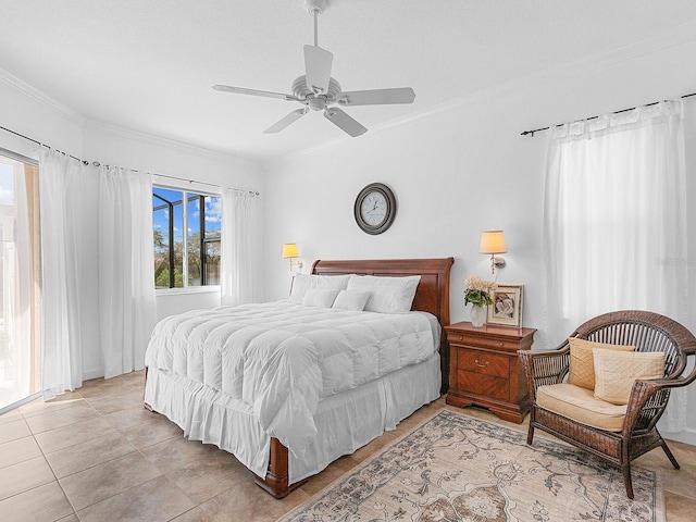 bedroom featuring ceiling fan, ornamental molding, and light tile patterned floors