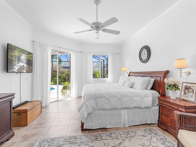 tiled bedroom with ceiling fan, access to exterior, and ornamental molding