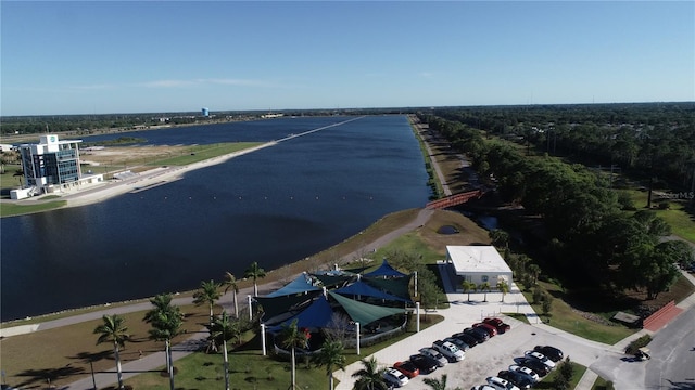 drone / aerial view with a water view