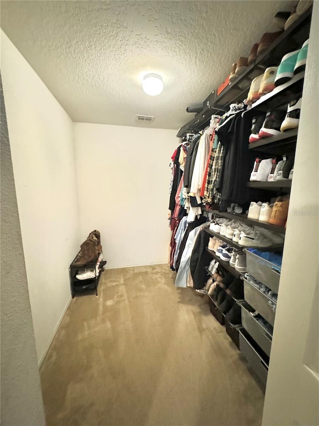 walk in closet featuring carpet flooring