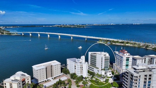 drone / aerial view featuring a water view