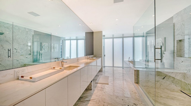 bathroom with vanity, expansive windows, and a shower with shower door