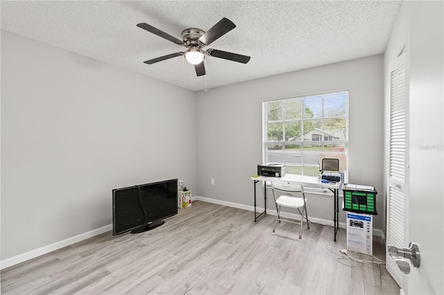 office space featuring ceiling fan, light hardwood / wood-style floors, and a textured ceiling