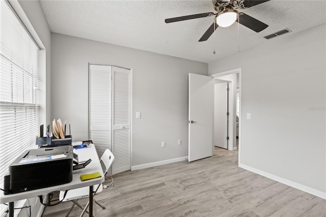 home office with ceiling fan, light hardwood / wood-style floors, and a textured ceiling