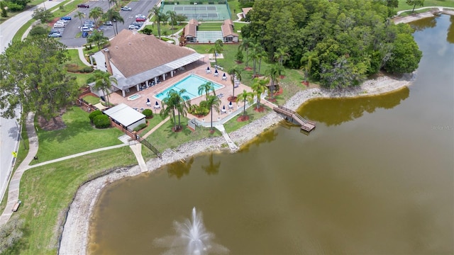 bird's eye view with a water view