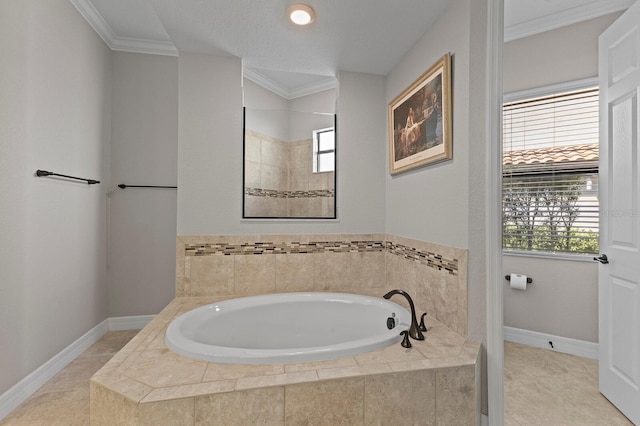 bathroom with plus walk in shower and crown molding