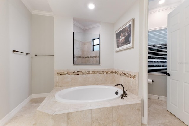 bathroom with tile patterned floors, independent shower and bath, and ornamental molding