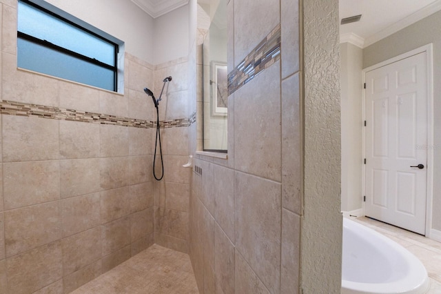 bathroom featuring ornamental molding and plus walk in shower