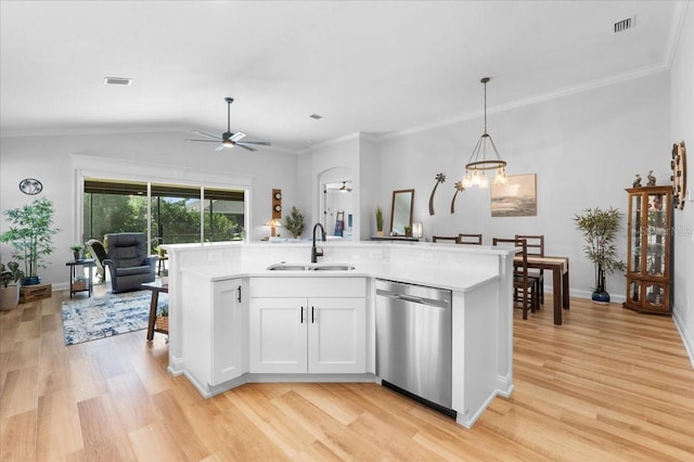 kitchen featuring dishwasher, sink, light hardwood / wood-style floors, white cabinets, and ceiling fan with notable chandelier