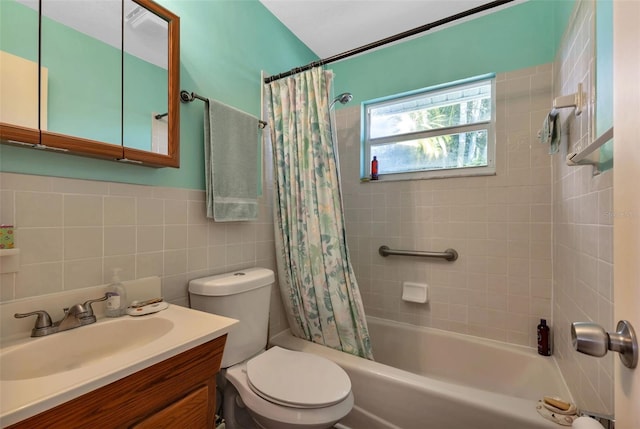 full bathroom featuring shower / bath combination with curtain, toilet, decorative backsplash, vanity, and tile walls