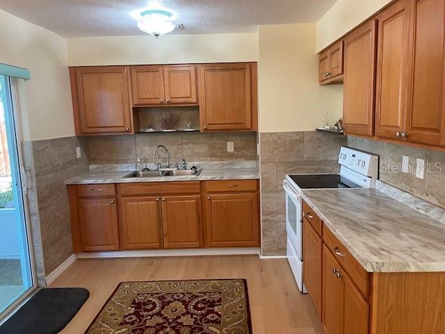 kitchen with white electric range, light hardwood / wood-style floors, a healthy amount of sunlight, and sink