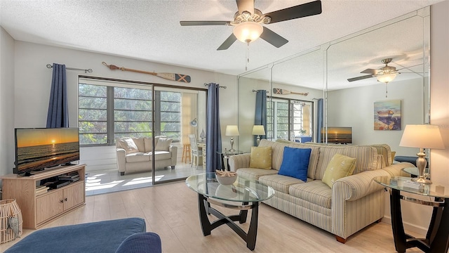 living room featuring light hardwood / wood-style flooring, a healthy amount of sunlight, and a textured ceiling