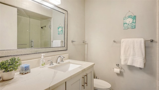 bathroom featuring toilet, vanity, and walk in shower