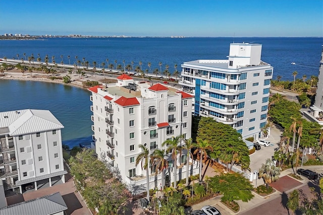 drone / aerial view featuring a water view