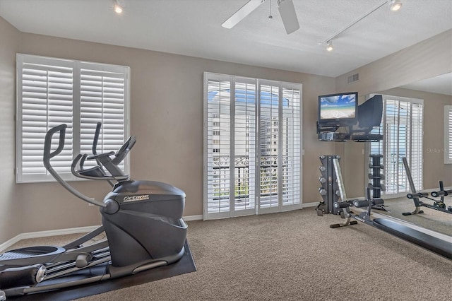 workout room featuring ceiling fan, a textured ceiling, and a wealth of natural light