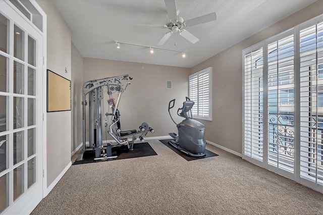 workout area with dark colored carpet, ceiling fan, a textured ceiling, and track lighting