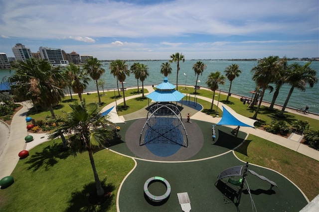 exterior space featuring a gazebo and a water view