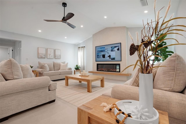 living room featuring vaulted ceiling and ceiling fan