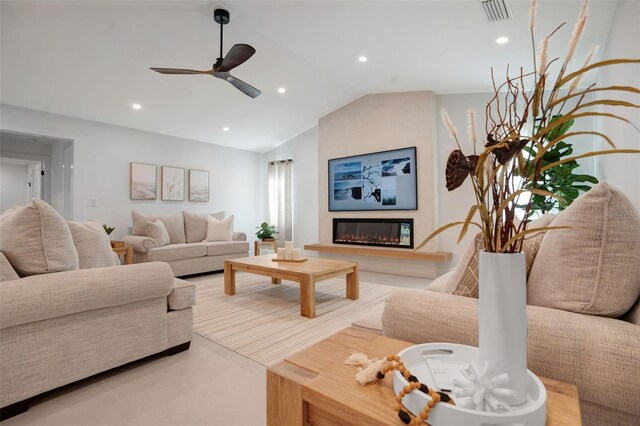1899 Buccaneer Cir, Sarasota, FL 34231 - living room featuring ceiling fan, recessed lighting, vaulted ceiling, and a large fireplace
