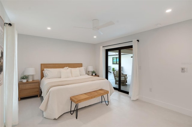 bedroom with access to exterior and ceiling fan