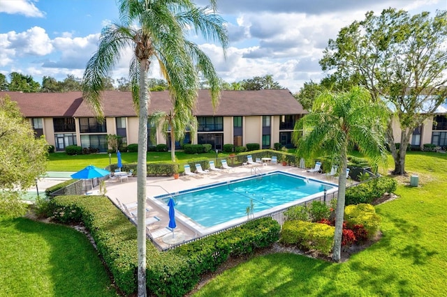 view of swimming pool with a yard and a patio area