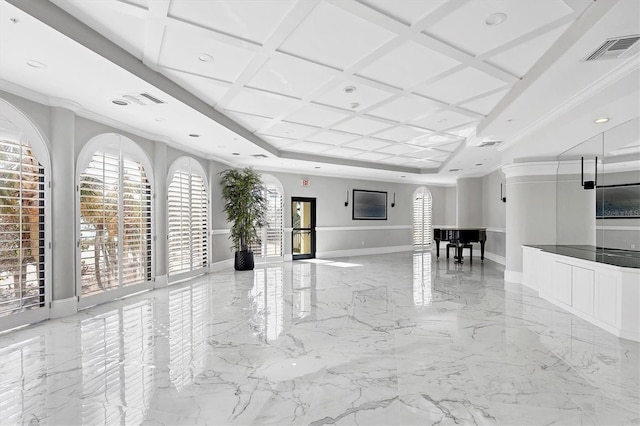 unfurnished living room featuring coffered ceiling