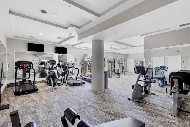 exercise room with carpet, ceiling fan, and coffered ceiling