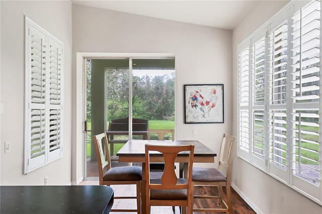 dining room featuring lofted ceiling and hardwood / wood-style flooring