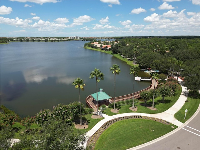 drone / aerial view featuring a water view