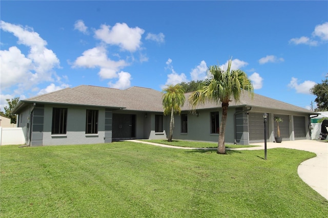 back of property with a lawn and a garage