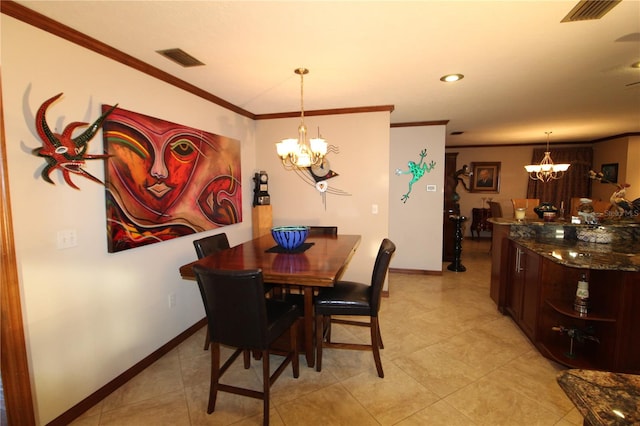 tiled dining space with crown molding and an inviting chandelier