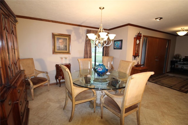 tiled dining area featuring ornamental molding and a chandelier