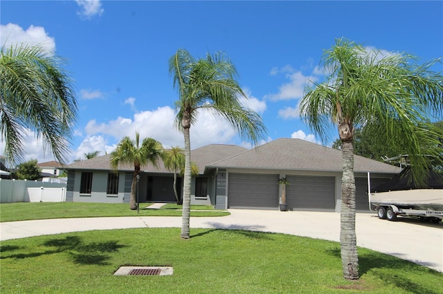 ranch-style house with a front yard and a garage