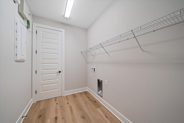 clothes washing area featuring washer hookup, light hardwood / wood-style floors, a textured ceiling, and electric panel