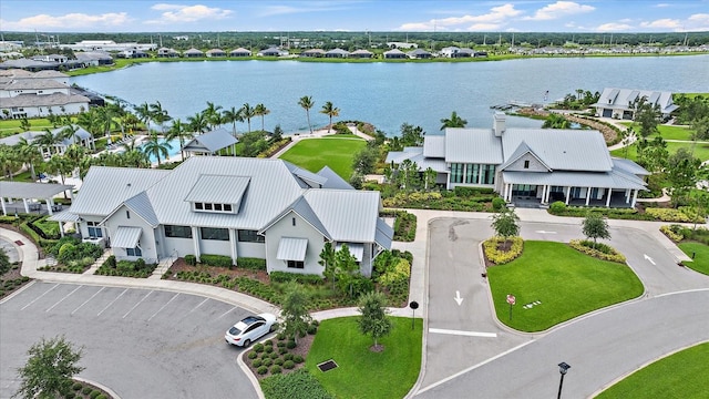 drone / aerial view featuring a water view