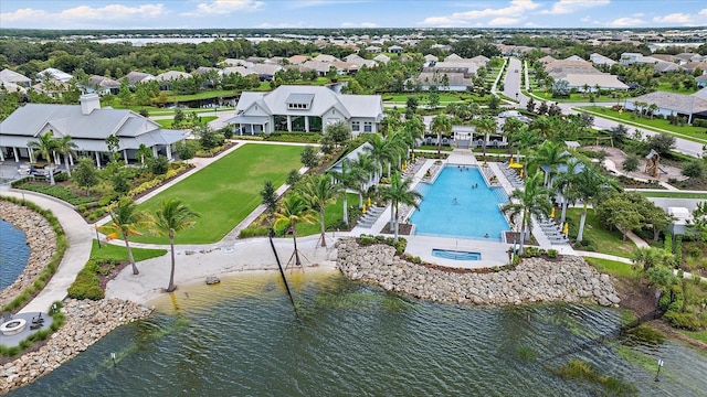 drone / aerial view featuring a water view