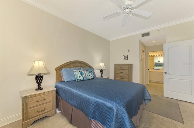 bedroom featuring ensuite bathroom, crown molding, ceiling fan, and light tile patterned floors