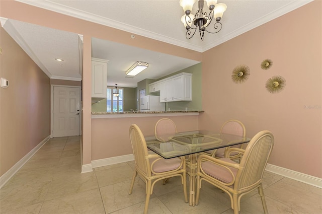 dining space with an inviting chandelier, light tile patterned floors, and ornamental molding