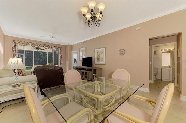 tiled dining area featuring crown molding and ceiling fan with notable chandelier