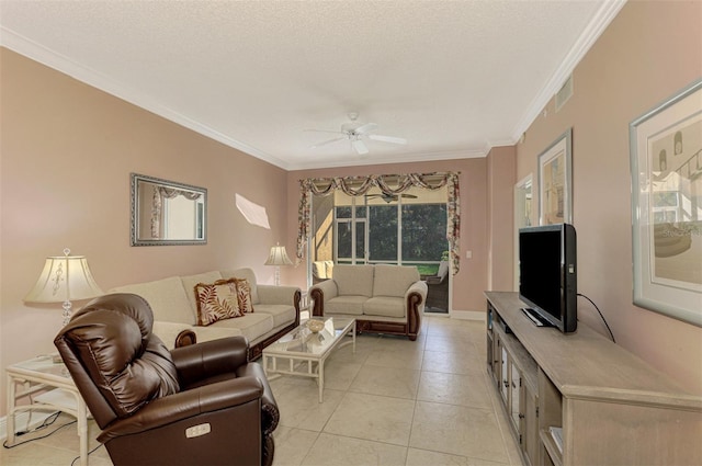 living room featuring a textured ceiling, ceiling fan, light tile patterned floors, and crown molding