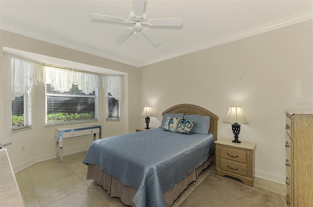 tiled bedroom with ceiling fan and crown molding