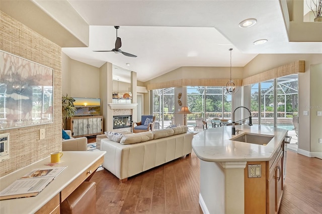 kitchen featuring dark hardwood / wood-style flooring, sink, and lofted ceiling