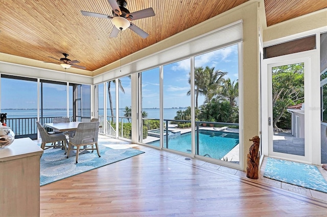 unfurnished sunroom featuring ceiling fan, a water view, and wooden ceiling