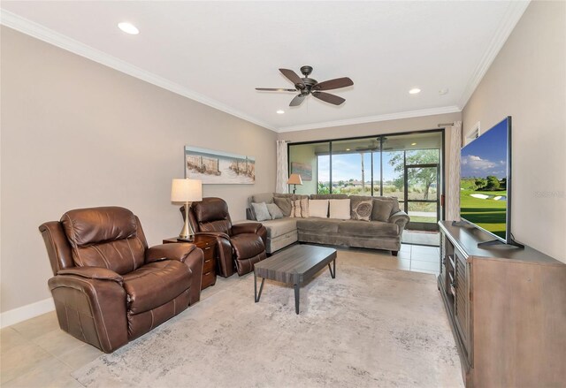 tiled living room featuring ceiling fan and ornamental molding