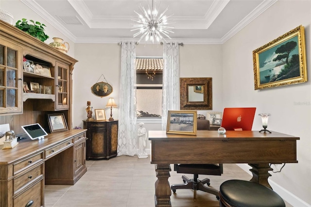 office space with a tray ceiling, an inviting chandelier, light tile patterned floors, and ornamental molding