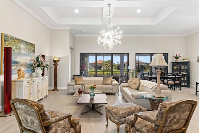 living room with a high ceiling, coffered ceiling, ornamental molding, beam ceiling, and a chandelier