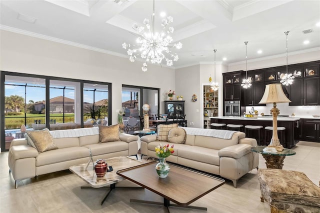 tiled living room featuring beam ceiling, an inviting chandelier, ornamental molding, and coffered ceiling