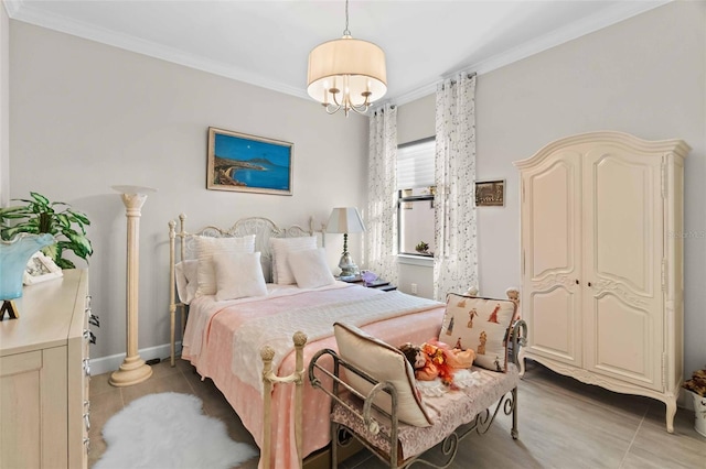 bedroom featuring crown molding, light tile patterned floors, and a notable chandelier