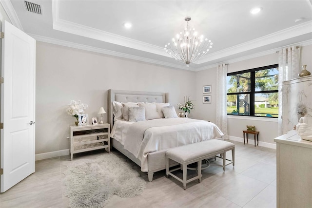 tiled bedroom featuring a raised ceiling, ornamental molding, and an inviting chandelier