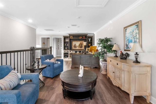 living room with dark hardwood / wood-style floors and ornamental molding